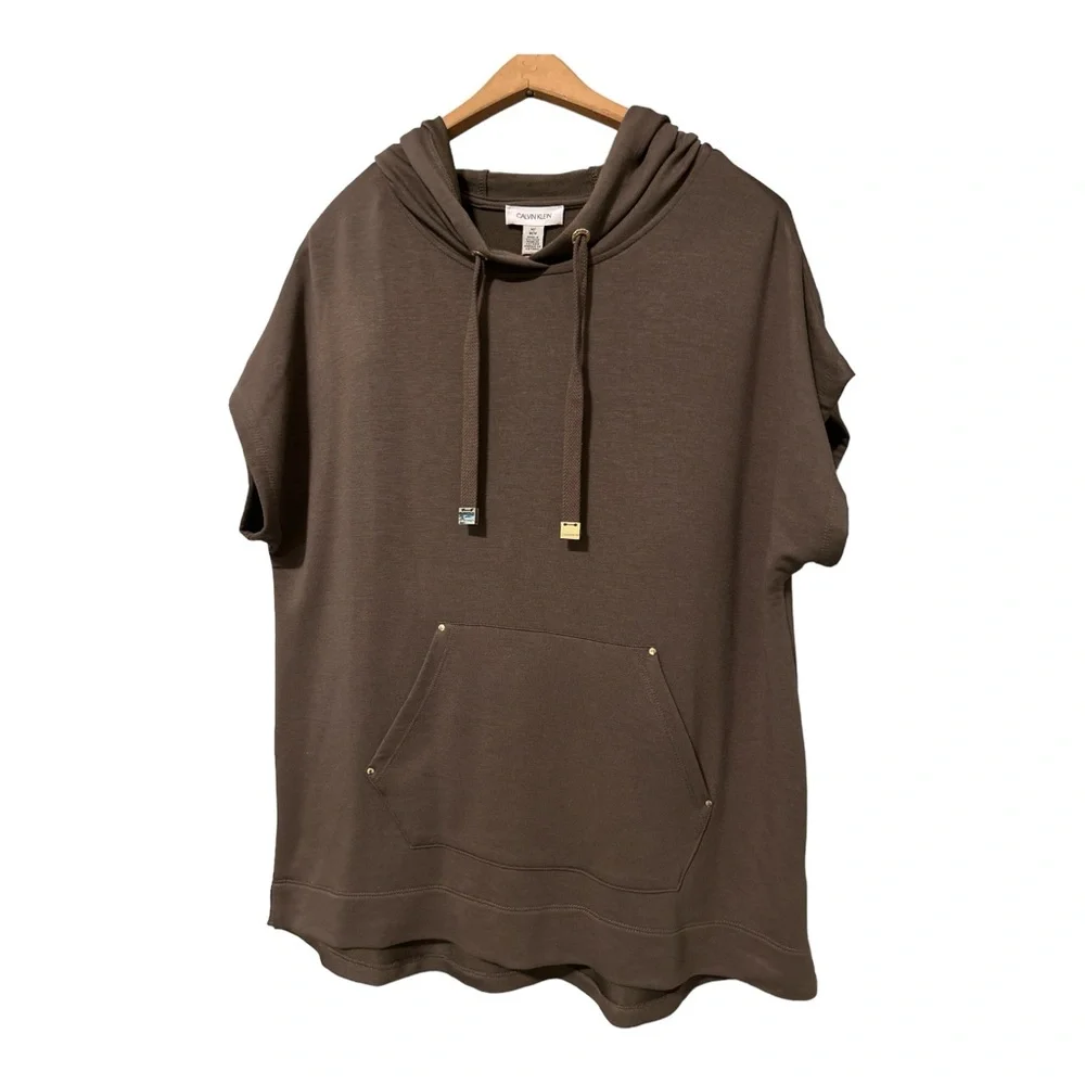 Calvin Klein Women's Hoodie Sweatshirt Short Sleeve Olive Green Pullover M‎